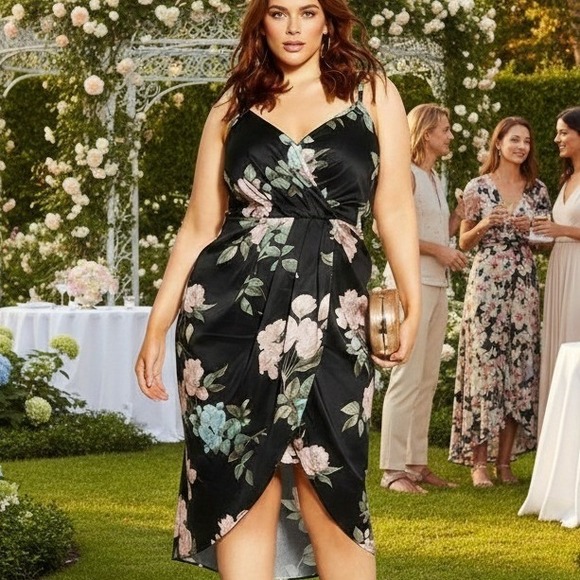 NEW City Chic $190 18W Faux Wrap Tulip Dress Black Pink Green Adjustable  Strap